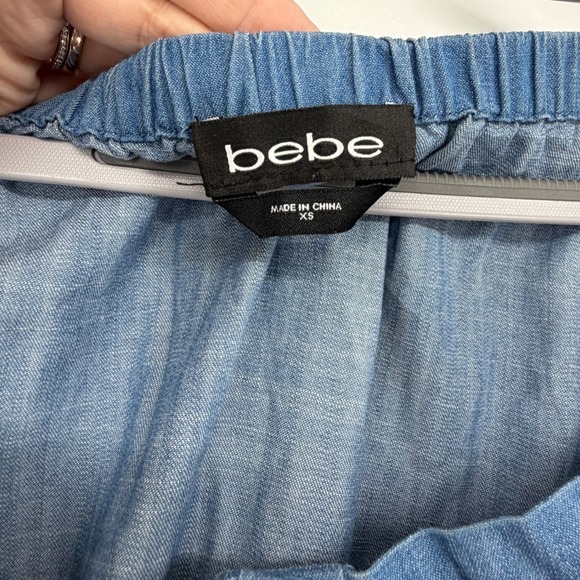 Bebe Denim Off Shoulder Embroidered Dress XS Cottagecore Boho Festival Blue - Picture 4 of 6